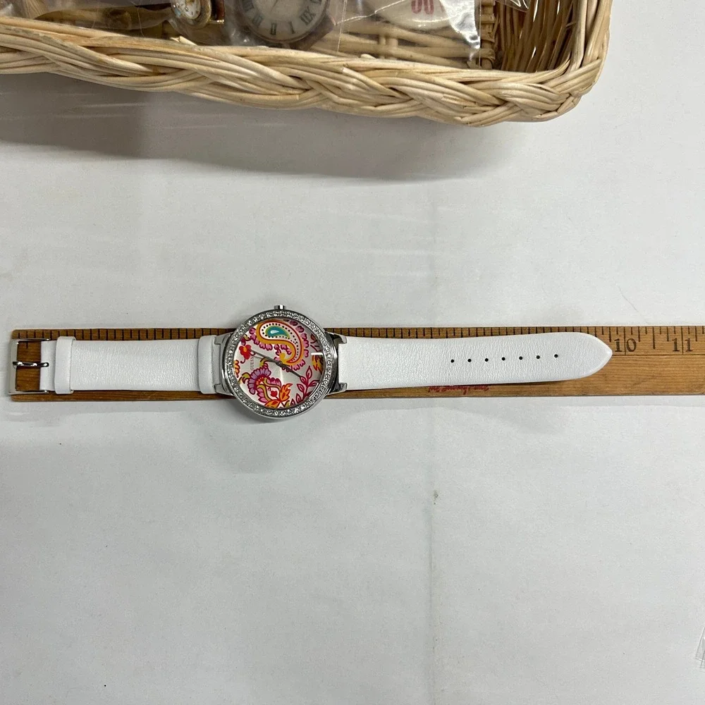 GUESS Paisley Dial Crystal Bezel Watch One Size White Leather Strap Boho Y2K